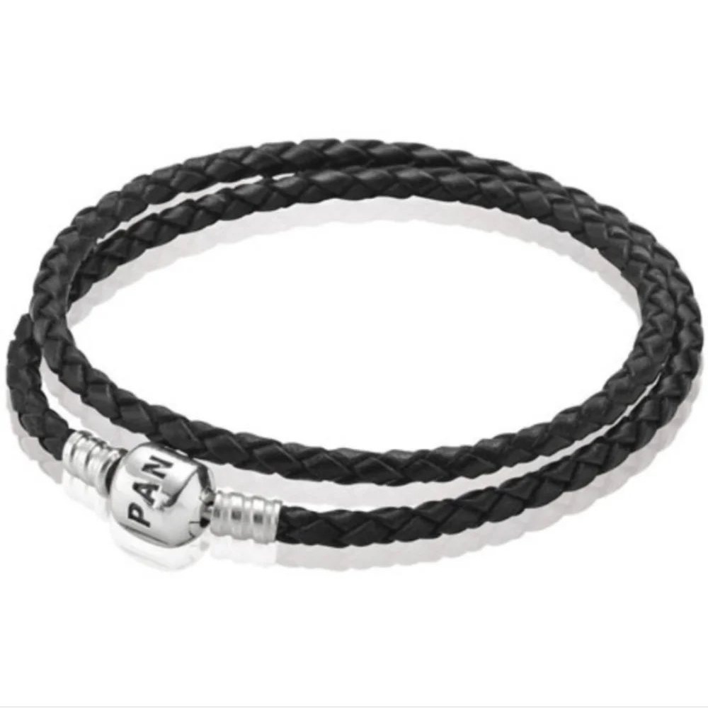 Pandora Black Braided Leather Double Wrap Bracelet Sterling Silver Clasp 15in